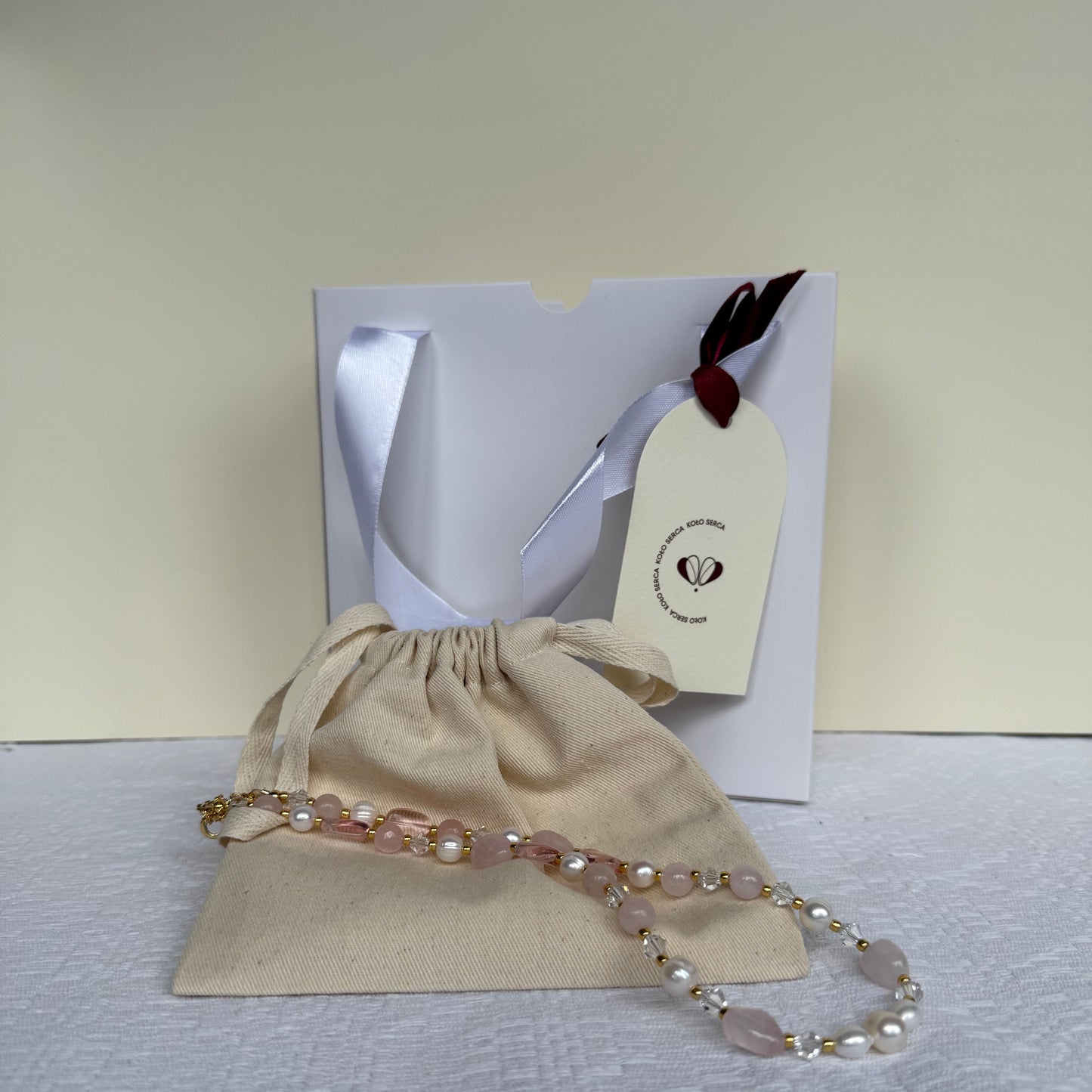 Кольє з перлів, рожевого кварцу та чеського кришталю