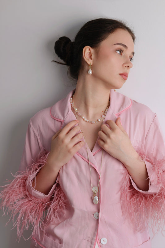 Кольє з перлів, рожевого кварцу та чеського кришталю