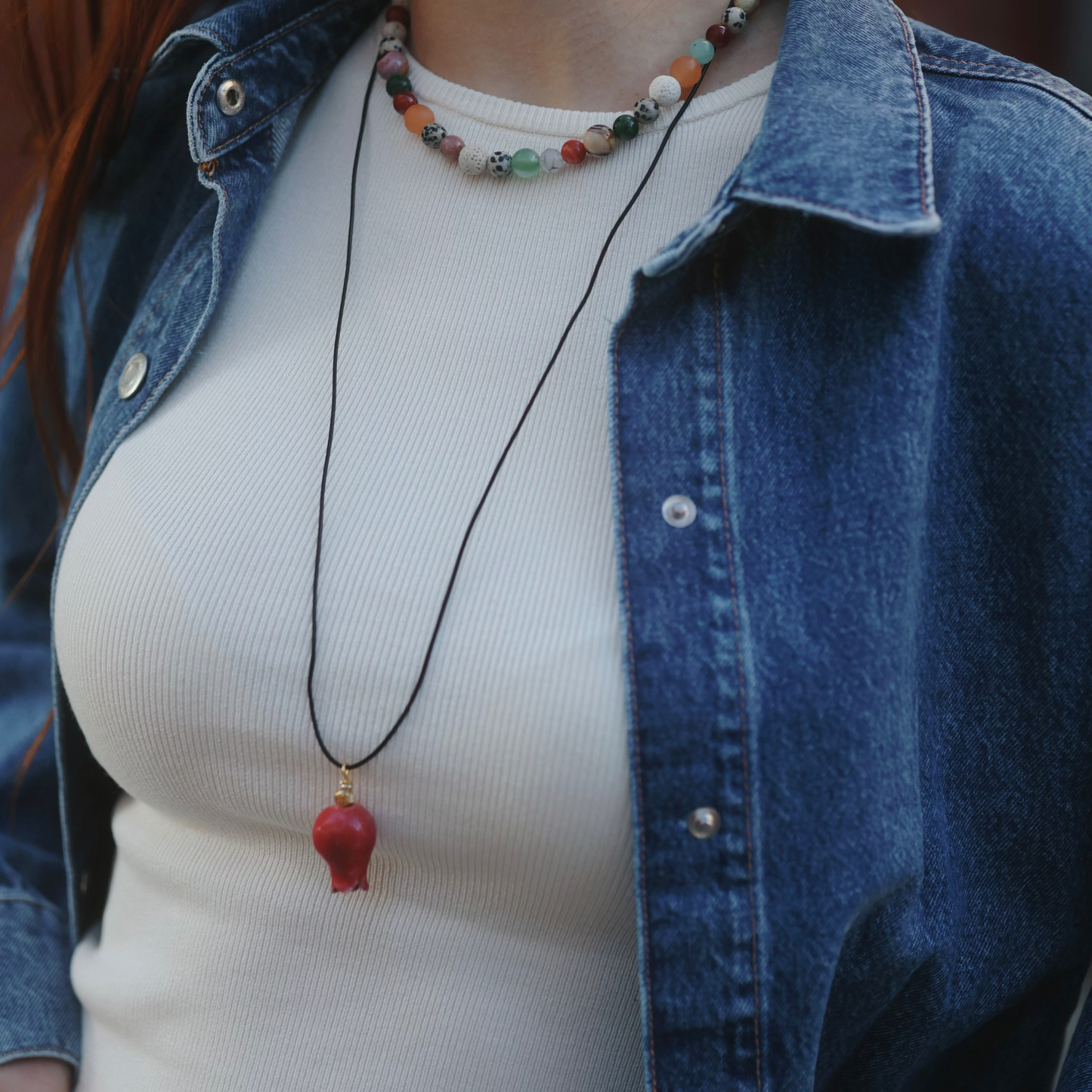 Намисто з міксу натуральних каменів: агатів, яшми та лави