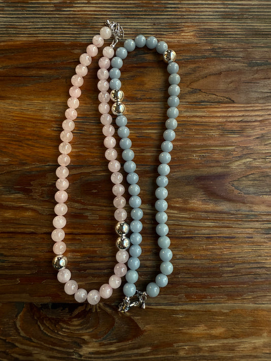 Намисто з рожевого кварцу та посрібленого гематит