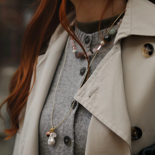 Намисто з рожевого кварцу, яшми, натуральних перлів і чеських вінтажних намистин