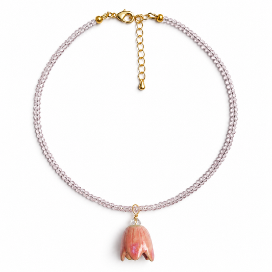 Choker FLORAL Mini Bell Rose z różowych kryształków i ceramicznego kwiatka