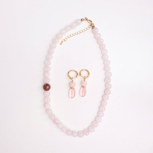 Zestaw Rose Minimal – kolczyki i naszyjnik z różowego kwarcu